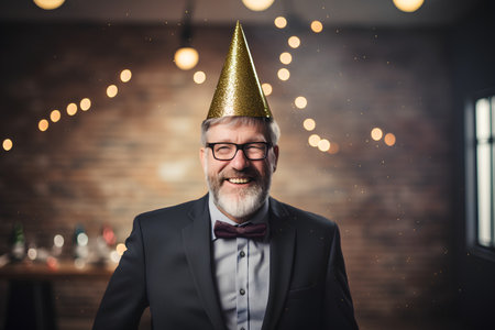 Portrait of a senior man wearing a party hat and having fun.の素材