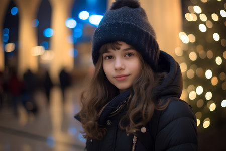 Portrait of a beautiful young girl in the city at night.の素材