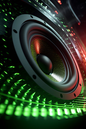 3d illustration of a loudspeaker on a dark background with green lightsの素材