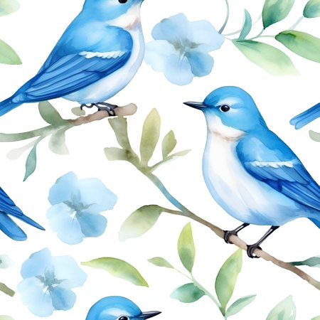 Seamless pattern with blue birds and flowers. Watercolor illustrationの素材
