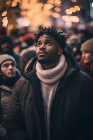Handsome african american man with afro hairstyle and beard on the street.の素材