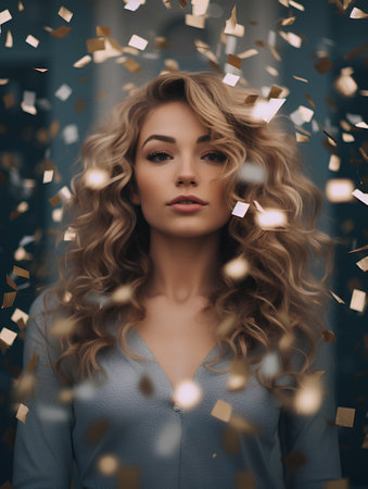 Portrait of beautiful young woman with curly hair and confetti.の素材