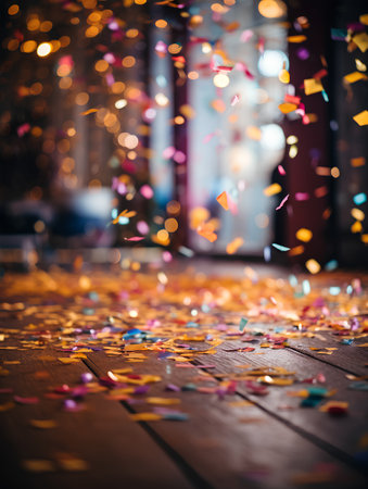 colorful confetti on the wooden floor with bokeh backgroundの素材