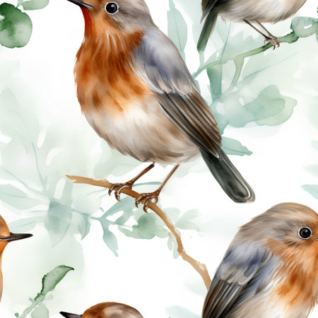 Seamless pattern with watercolor robins. Hand drawn illustration.の素材