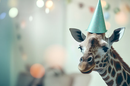 Cute giraffe in party hat on blurred background with bokehの素材