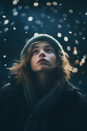 Winter portrait of beautiful young woman in a hat and warm jacket.の素材