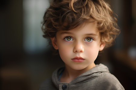 Portrait of a cute little boy with curly hair and blue eyesの素材