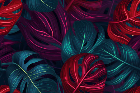 Seamless pattern with monstera leaves on dark background. Vector illustration.の素材