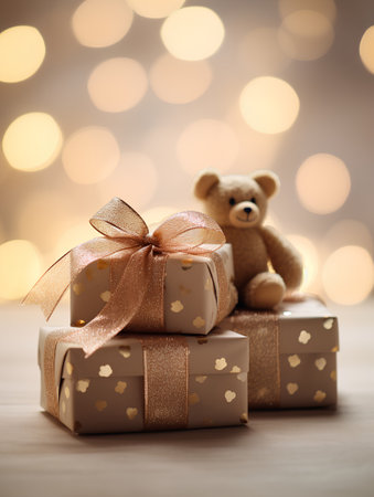 Gift boxes and teddy bear on bokeh background.の素材