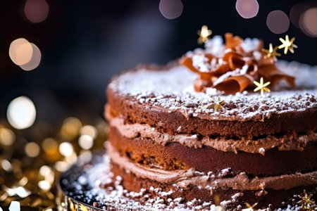 Chocolate cake with icing sugar and christmas decoration on bokeh backgroundの素材