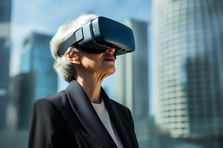 businesswoman wearing virtual reality headset over skyscrapers background, future technology conceptの素材