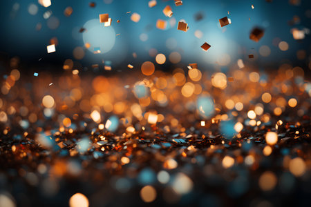 Golden bokeh on black background. 3d render illustration.の素材