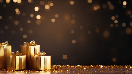 Golden gift boxes on bokeh background. 3D rendering.の素材