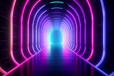 3d render. Futuristic tunnel corridor with glowing neon lights.の素材