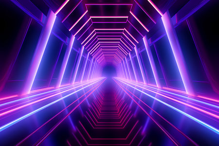 Futuristic neon tunnel with glowing lines and reflections. 3d renderingの素材