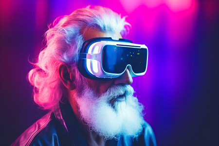 Close-up portrait of an old man with a white beard wearing virtual reality glasses.の素材