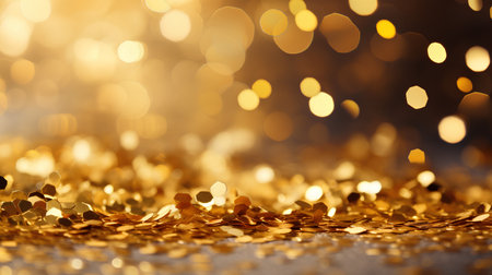 Golden confetti on bokeh background. Festive abstract background.の素材