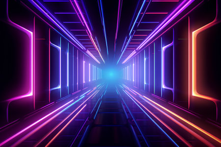 3d render, abstract background, corridor with glowing neon lights.の素材