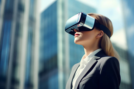 business, technologyented reality and people concept - smiling businesswoman with virtual reality headset or 3d glasses over office building backgroundの素材