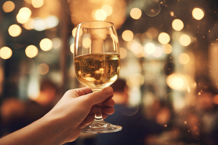 people, holidays, celebration and drinks concept - close up of male hand holding glass of champagne over holidays lights backgroundの素材