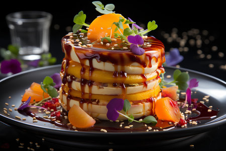 Pancakes with fruits and chocolate sauce on a black background.の素材