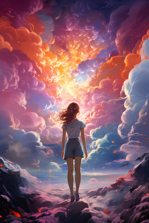 Girl standing on the edge of a precipice and looking at the sunset. Vector illustrationの素材