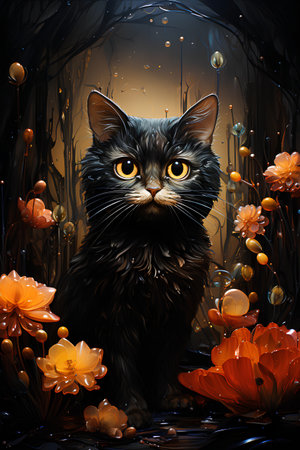 Cute black cat in the forest with flowers. Vector illustration.の素材