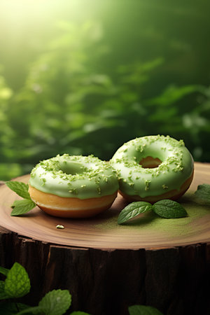 Glazed donuts with mint leaves on wooden background. 3d renderingの素材