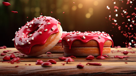 Glazed donuts with red icing on wooden background. 3d renderingの素材