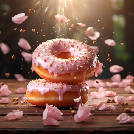 Flying donuts with pink glaze and falling petals on wooden backgroundの素材