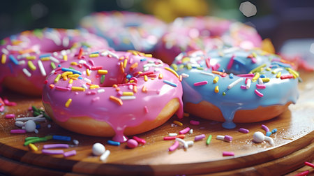 Colorful donuts with sprinkles on a wooden table. 3d renderingの素材