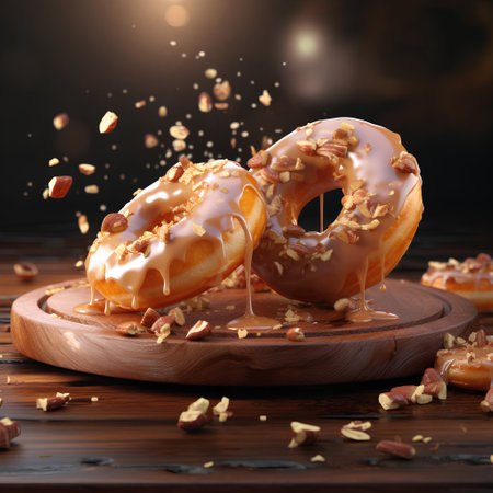 3d render of donuts falling on a wooden board with flying nutsの素材