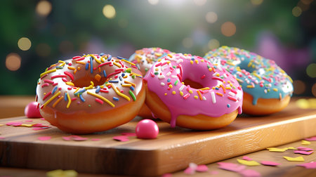3d render of tasty donuts with colorful sprinkles on wooden boardの素材