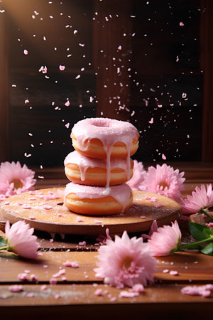 Falling pink donuts on a wooden background with pink flowers.の素材