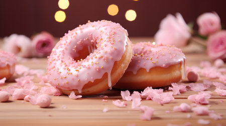 Delicious donuts with pink glaze on wooden table, closeupの素材