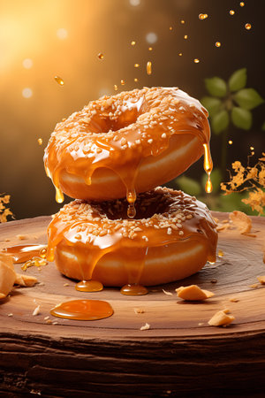 Donuts with caramel glaze on wooden background. 3d renderingの素材