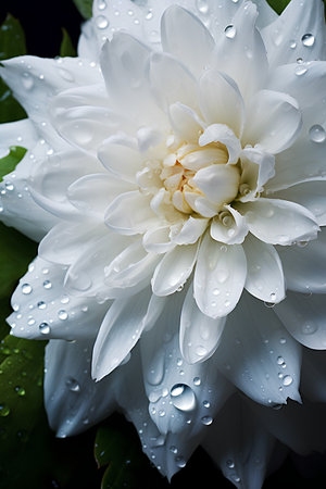 Beautiful white dahlia flower with water drops close-upの素材