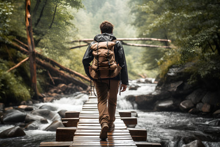Man with a backpack on a wooden bridge over a mountain river.の素材