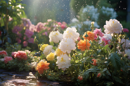 Flower bed with colorful flowers in the rain. Floral backgroundの素材
