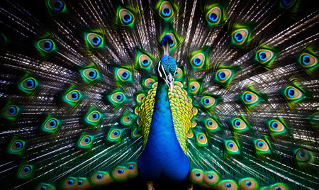 Beautiful peacock with feathers out, close-up. Color of the year 2019.の素材