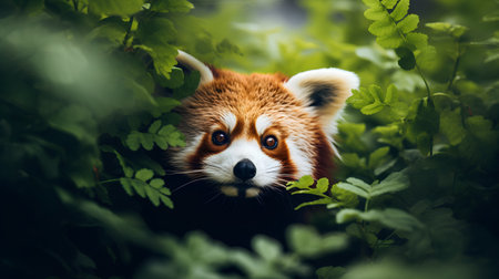 Red panda (Ailurus fulgens) in the green foliageの素材