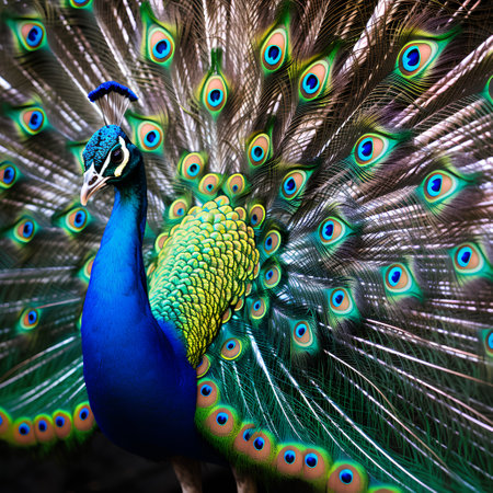 Beautiful peacock with feathers out. Colorful peacock backgroundの素材