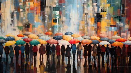 Colorful umbrellas in the rain. A group of people standing in front of an abstract background.の素材