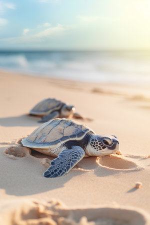 Green sea turtle in the sand on the seashore. Nature backgroundの素材