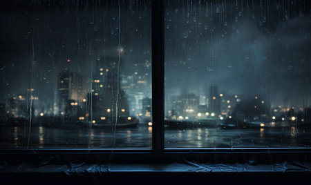 rain drops on window with cityscape and skyscrapers at nightの素材