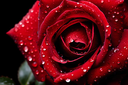 Close up of red rose with water drops on petals. Black background.の素材