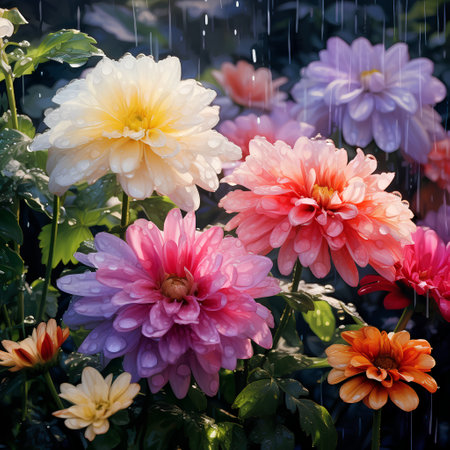 Colorful dahlia flowers with rain drops on the petalsの素材