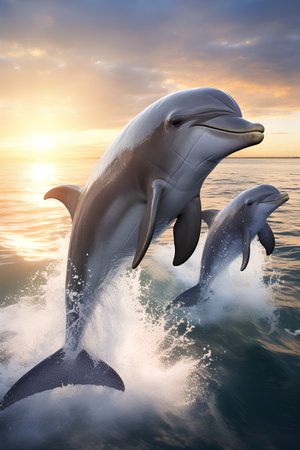 Dolphins jumping out of the sea at sunset. 3d renderの素材