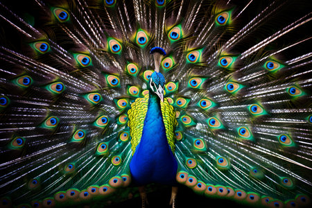 Portrait of beautiful peacock with feathers out. Close up.の素材