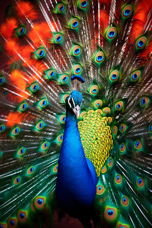 Portrait of beautiful peacock with feathers out. Colorful background.の素材